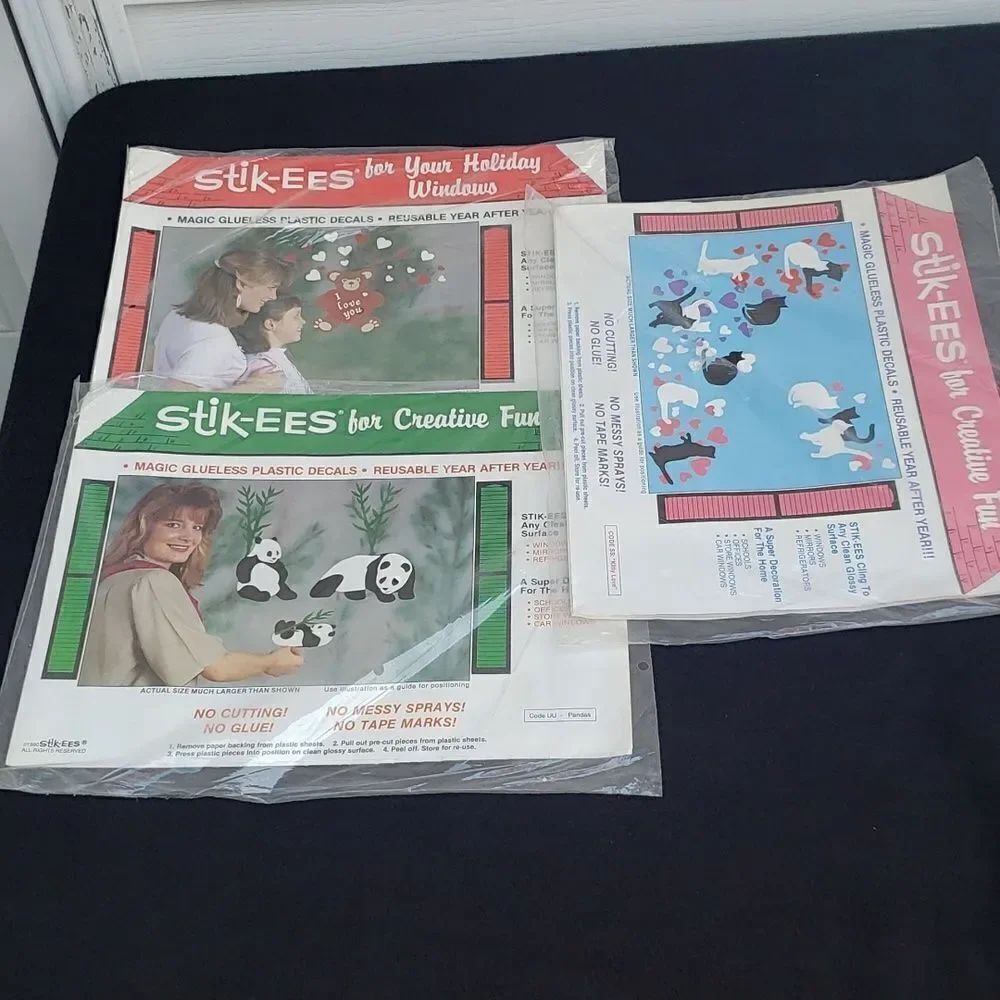 3 Sets Vintage Stik-ees Self Stick Vinyl Window Clings Still Sealed in Package